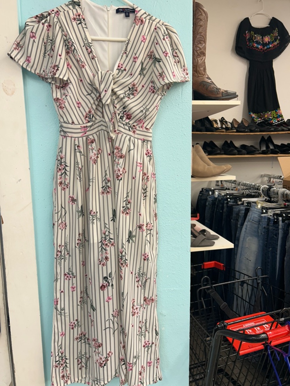 Floral Stripe V-Neck jumpsuit - Cream with Pink Floral